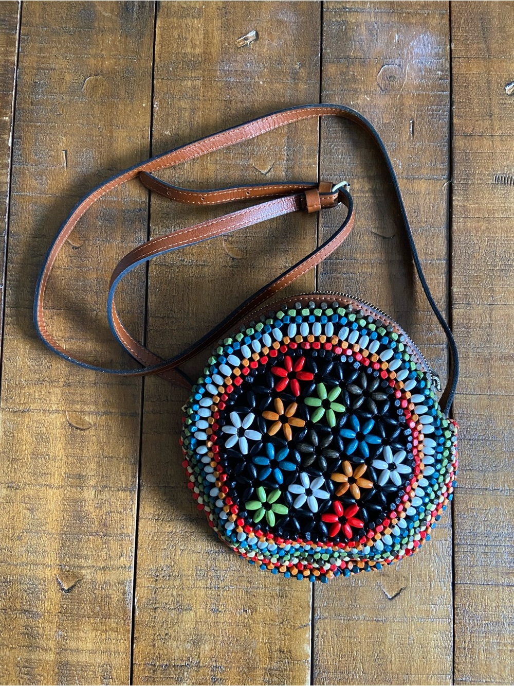 Patricia Nash Handwoven Multicolor Floral Wood Beaded Round Crossbody Bag